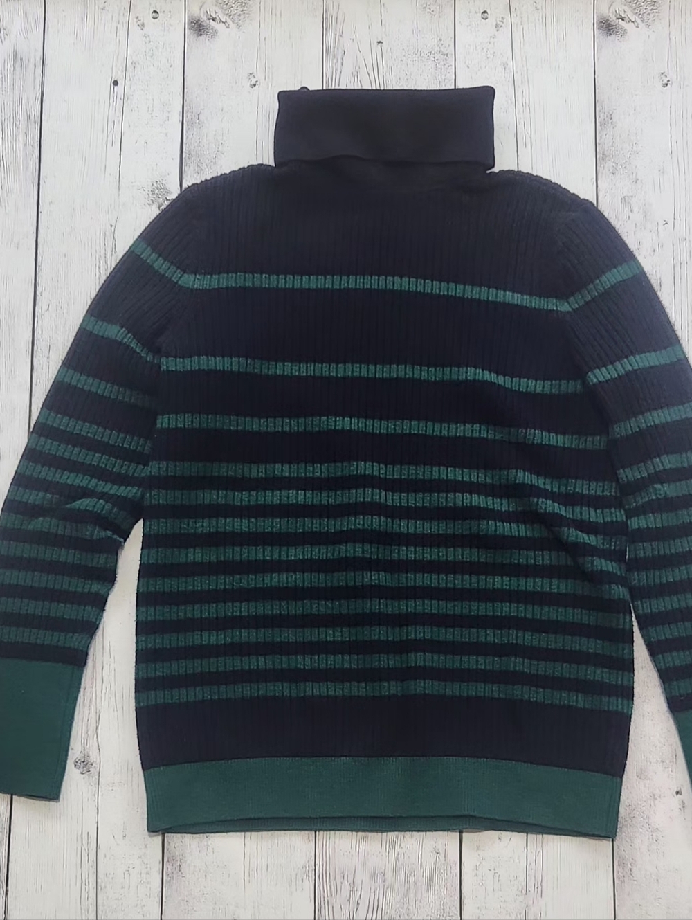 Talbots Medium Womens Navy Blue And Green Striped Ribbed Turtleneck